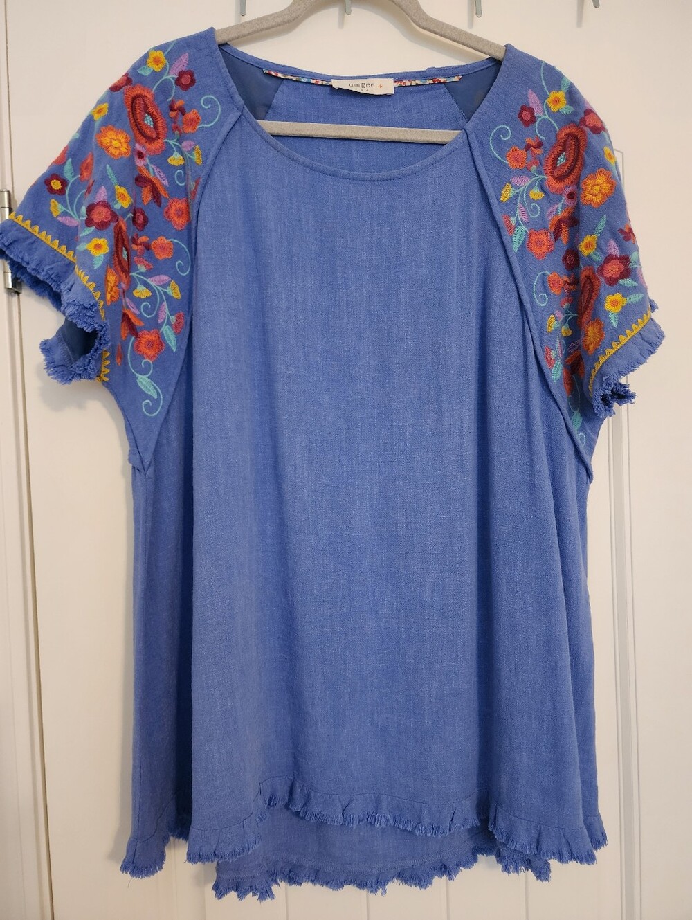 Umgee Oversized Blue Cotton Floral Embroidered Short Sleeve Women's Top Up To 2X